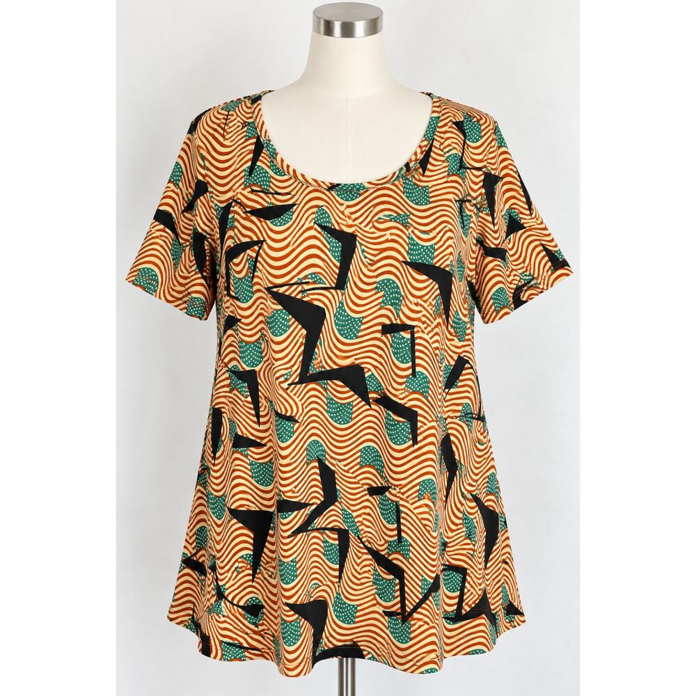LuLaRoe Women’s 3XL Tan Rust Green Black Abstract Geometric Short Sleeve Top NWT